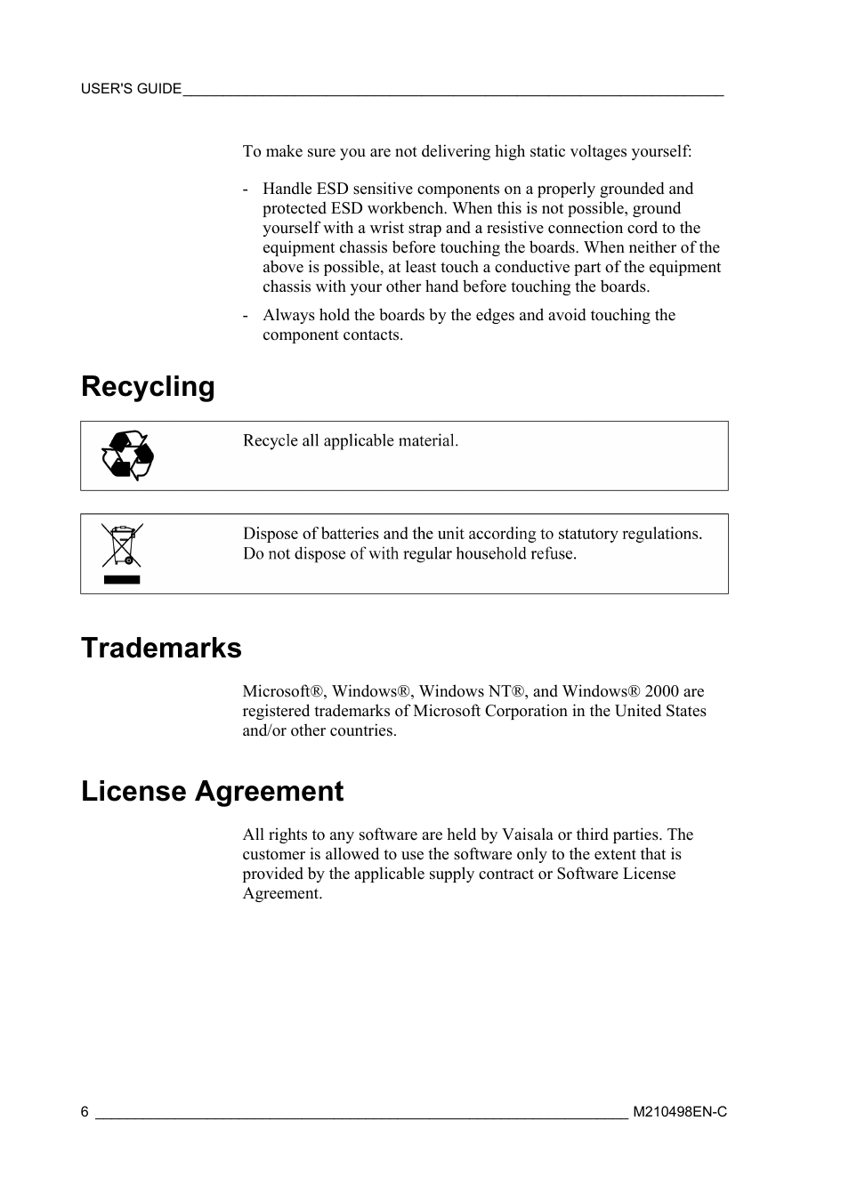 Recycling, Trademarks, License agreement | Vaisala MM70 User Manual | Page 8 / 71