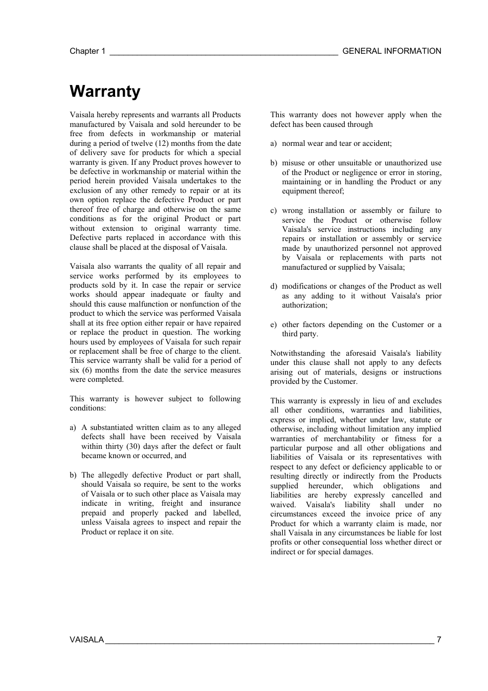 Warranty | Vaisala MM70 User Manual | Page 9 / 71