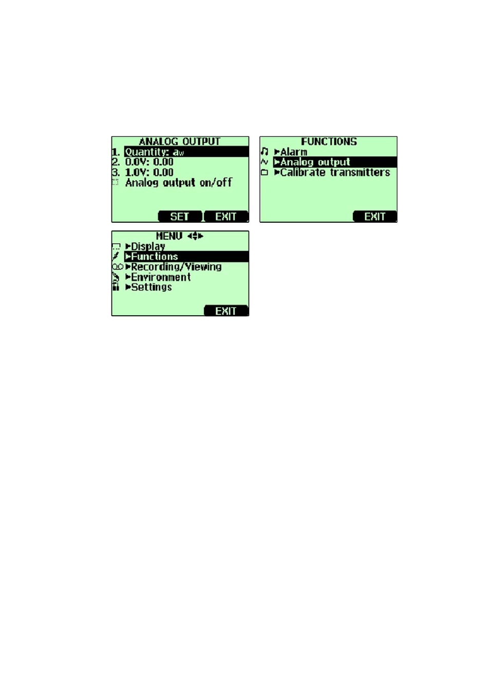 Selecting and scaling the analog output, Figure 16, Analog output menus | Vaisala MM70 User Manual | Page 34 / 67