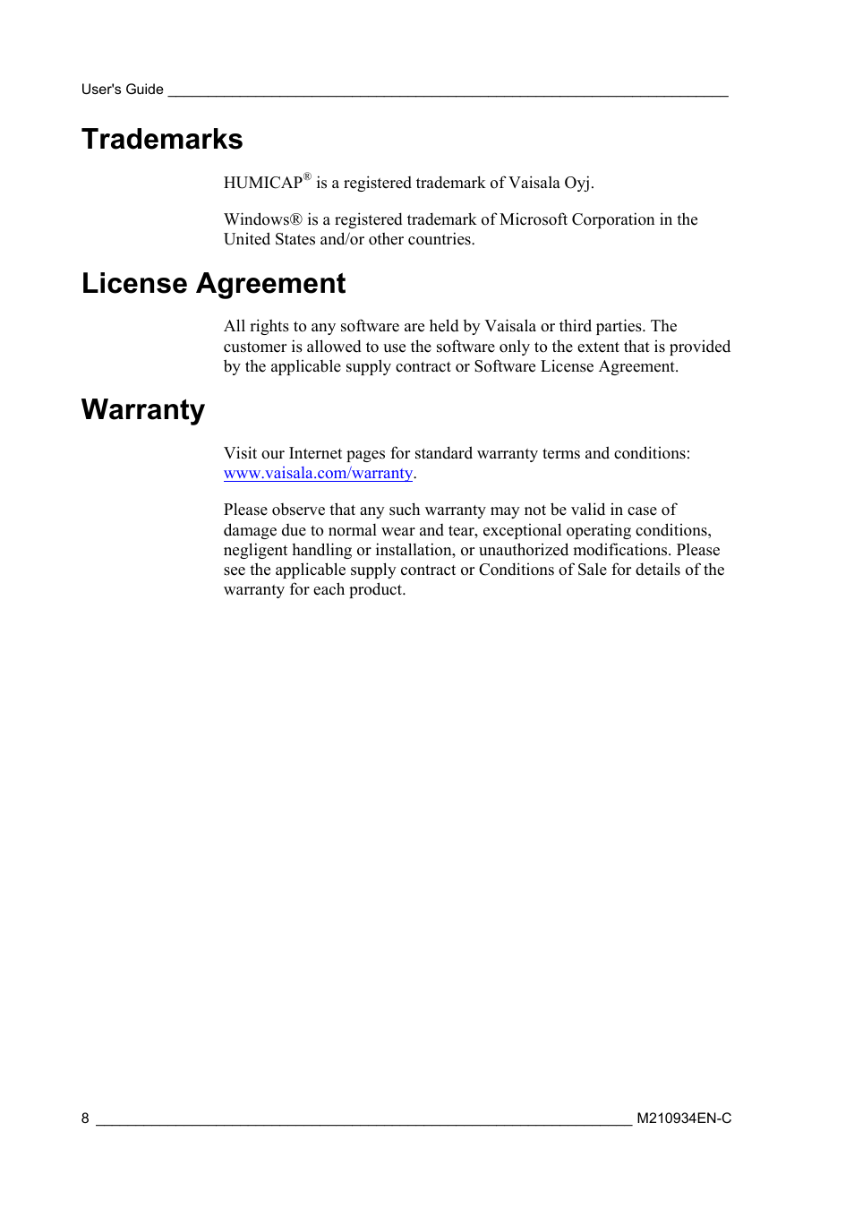 Trademarks, License agreement, Warranty | Vaisala MMT162 User Manual | Page 10 / 66