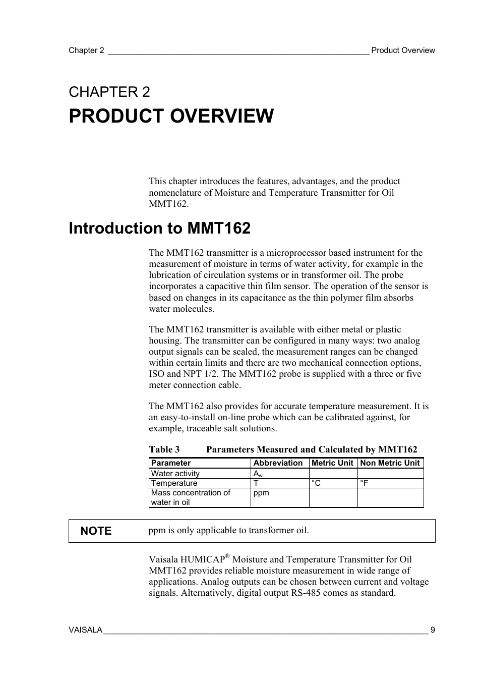 Product overview, Introduction to mmt162, Chapter 2 | Table 3, Parameters measured and calculated by mmt162, Chapter 2, product overview | Vaisala MMT162 User Manual | Page 11 / 66