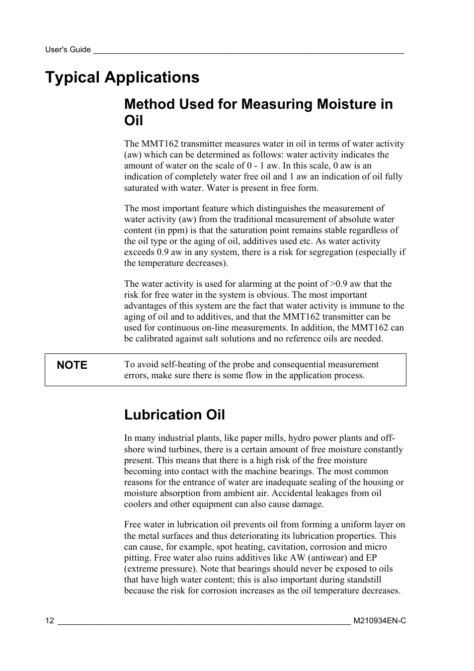 Typical applications, Method used for measuring moisture in oil, Lubrication oil | Vaisala MMT162 User Manual | Page 14 / 66