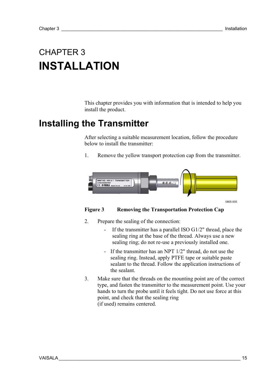 Installation, Installing the transmitter, Chapter 3 | Figure 3, Removing the transportation protection cap, To help you install the product | Vaisala MMT162 User Manual | Page 17 / 66