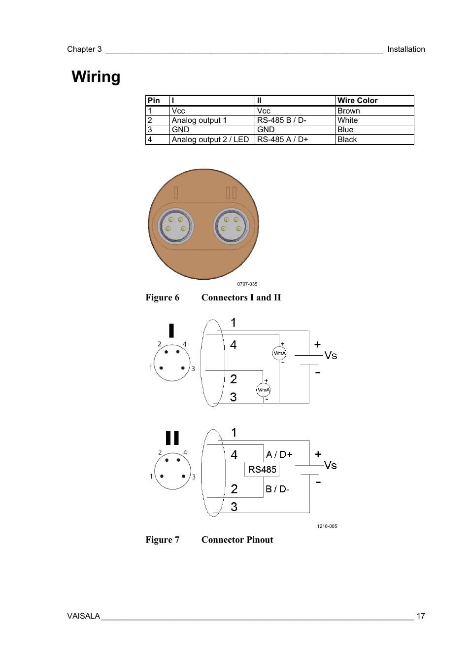 Wiring, Figure 6, Connectors i and ii | Figure 7, Connector pinout | Vaisala MMT162 User Manual | Page 19 / 66
