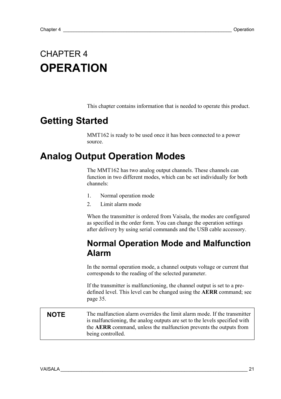 Operation, Getting started, Analog output operation modes | Normal operation mode and malfunction alarm, Chapter 4, Chapter 4, operation | Vaisala MMT162 User Manual | Page 23 / 66