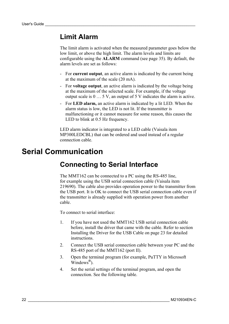 Limit alarm, Serial communication, Connecting to serial interface | Vaisala MMT162 User Manual | Page 24 / 66