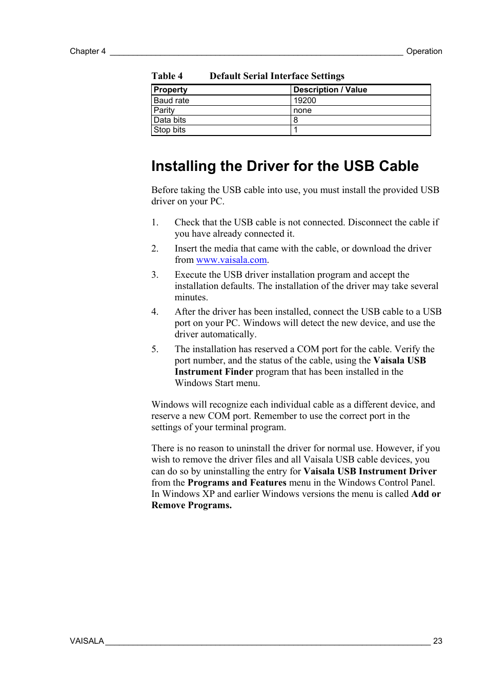 Installing the driver for the usb cable, Table 4, Default serial interface settings | Vaisala MMT162 User Manual | Page 25 / 66