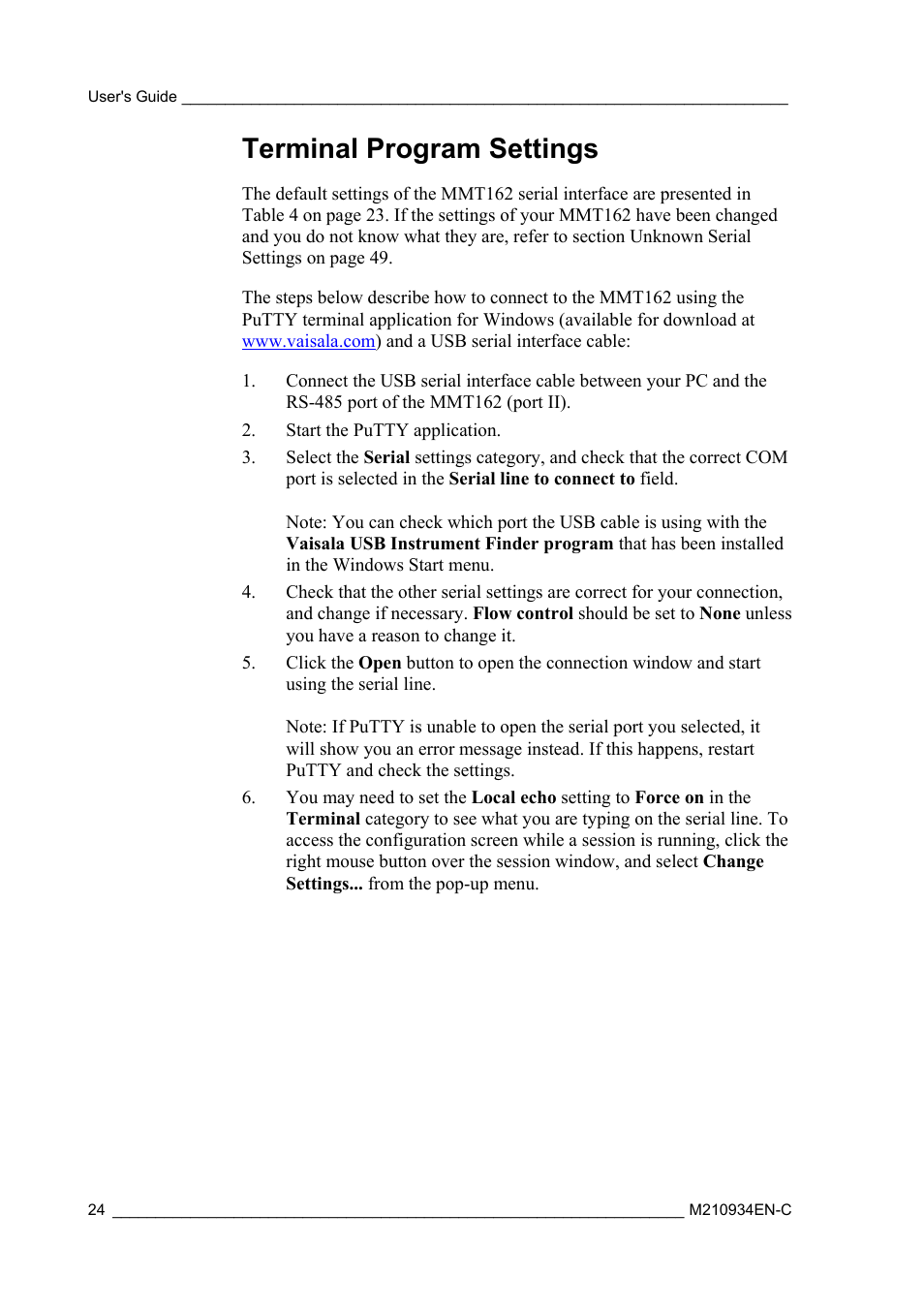 Terminal program settings | Vaisala MMT162 User Manual | Page 26 / 66