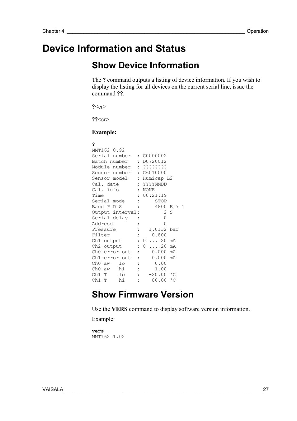 Device information and status, Show device information, Show firmware version | Vaisala MMT162 User Manual | Page 29 / 66