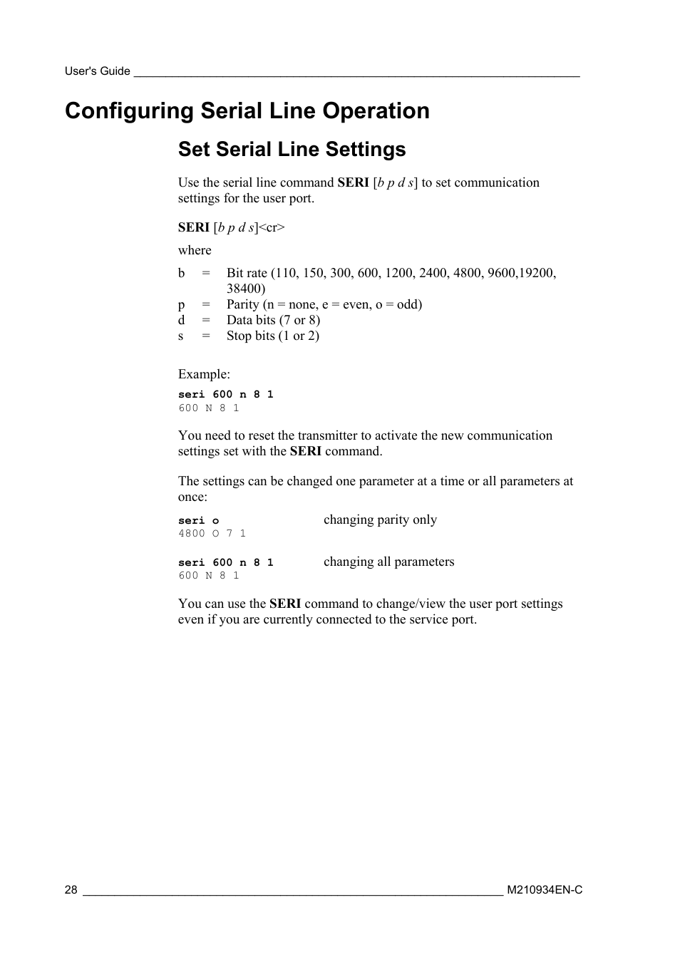 Configuring serial line operation, Set serial line settings | Vaisala MMT162 User Manual | Page 30 / 66