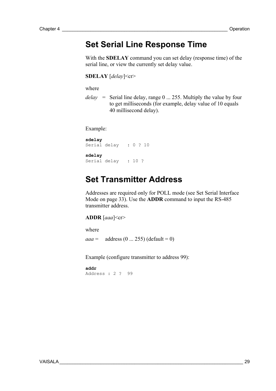 Set serial line response time, Set transmitter address | Vaisala MMT162 User Manual | Page 31 / 66