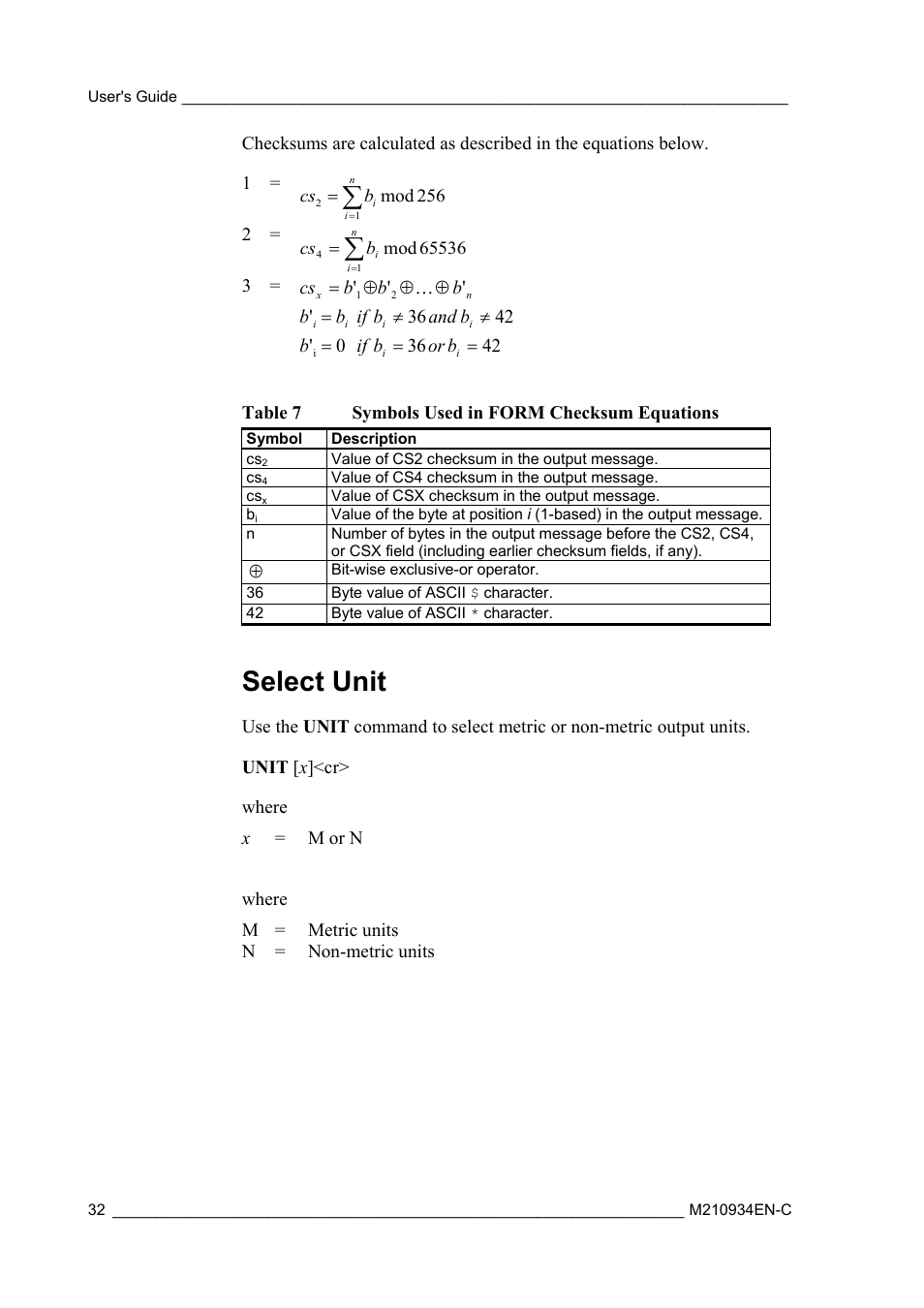 Select unit, Table 7, Symbols used in form checksum equations | Vaisala MMT162 User Manual | Page 34 / 66