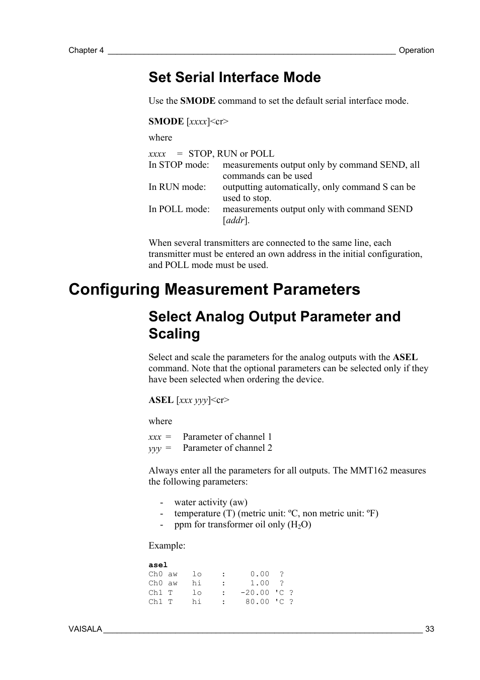 Set serial interface mode, Configuring measurement parameters, Select analog output parameter and scaling | Vaisala MMT162 User Manual | Page 35 / 66