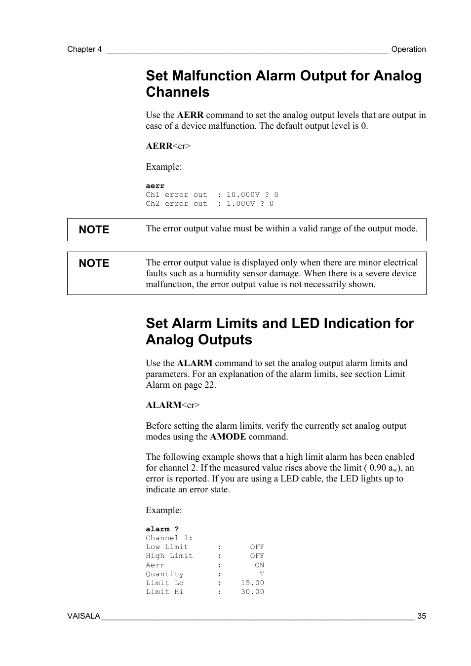 Set malfunction alarm output for analog channels | Vaisala MMT162 User Manual | Page 37 / 66