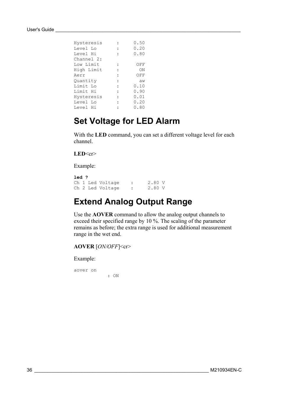 Set voltage for led alarm, Extend analog output range | Vaisala MMT162 User Manual | Page 38 / 66