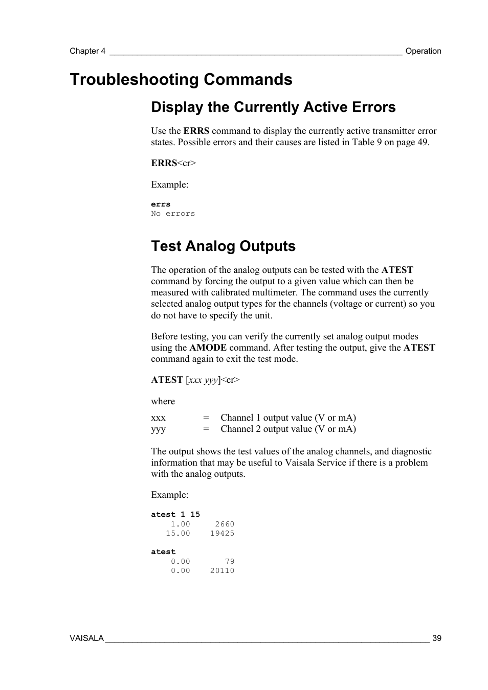 Troubleshooting commands, Display the currently active errors, Test analog outputs | Vaisala MMT162 User Manual | Page 41 / 66