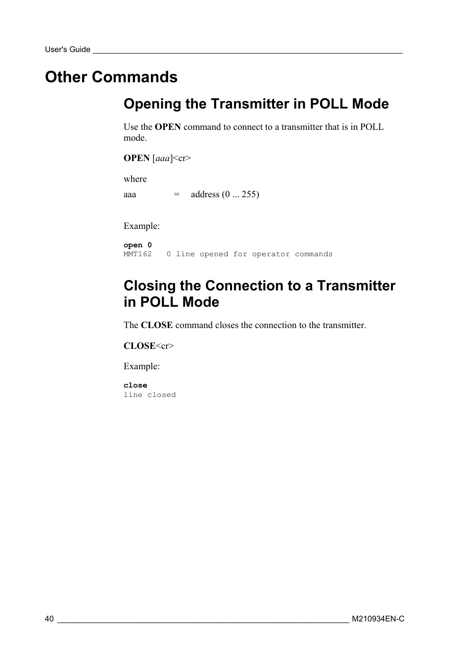 Other commands, Opening the transmitter in poll mode | Vaisala MMT162 User Manual | Page 42 / 66