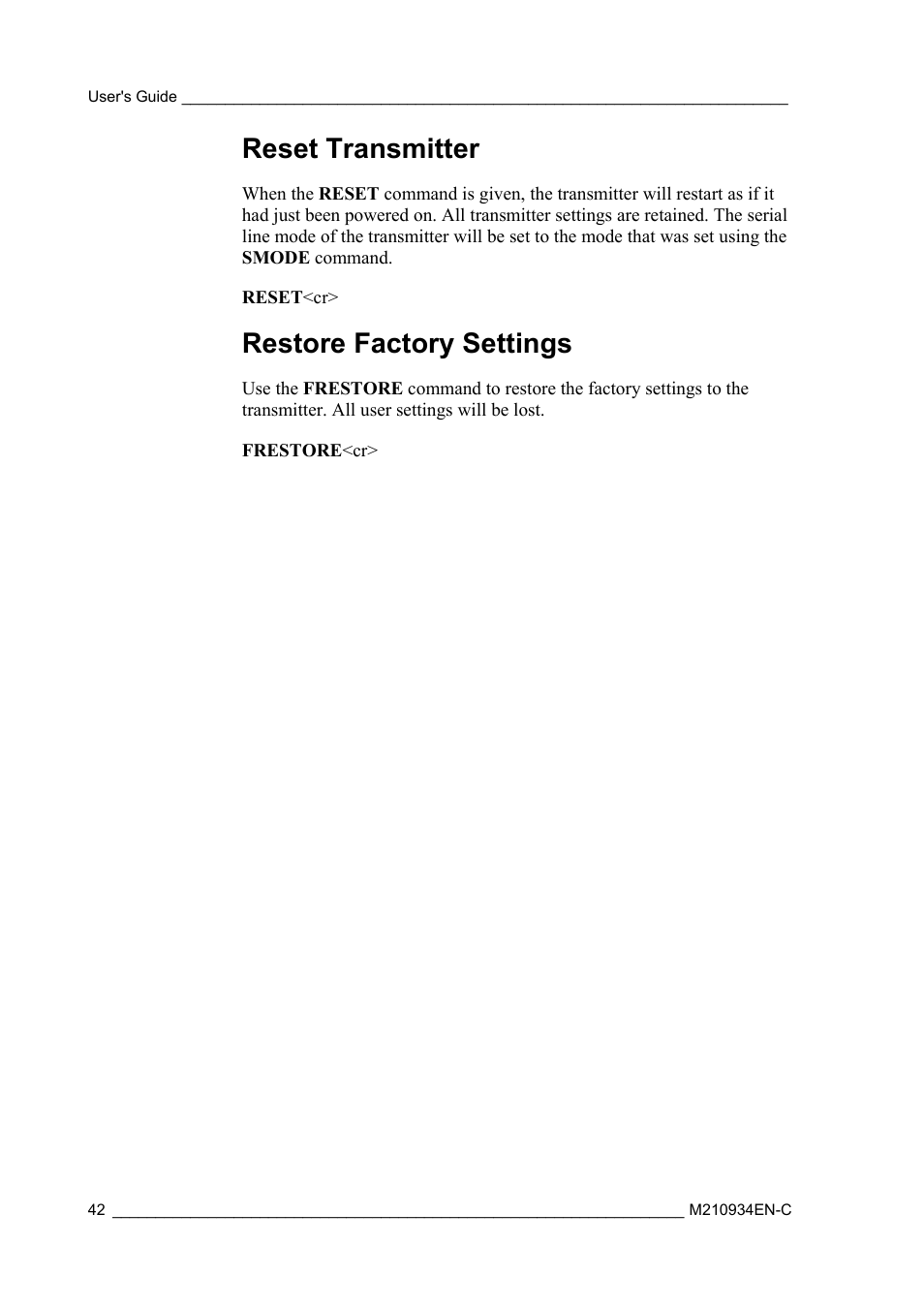 Reset transmitter, Restore factory settings | Vaisala MMT162 User Manual | Page 44 / 66