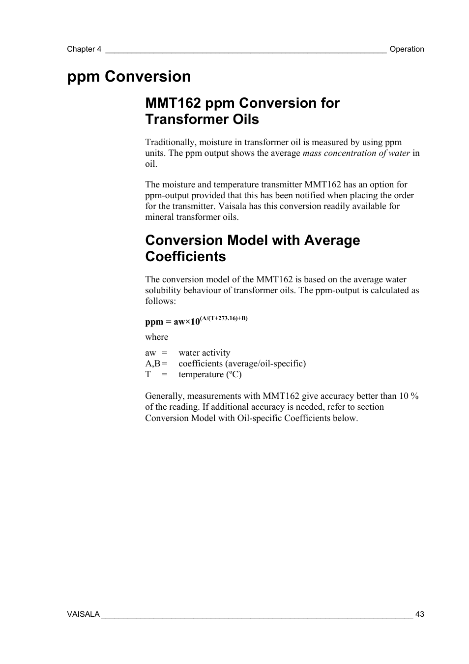 Ppm conversion, Mmt162 ppm conversion for transformer oils, Conversion model with average coefficients | Vaisala MMT162 User Manual | Page 45 / 66