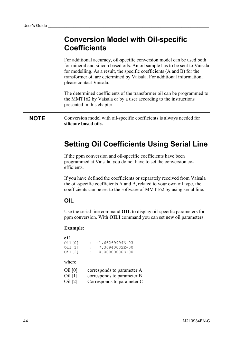 Conversion model with oil-specific coefficients, Setting oil coefficients using serial line | Vaisala MMT162 User Manual | Page 46 / 66