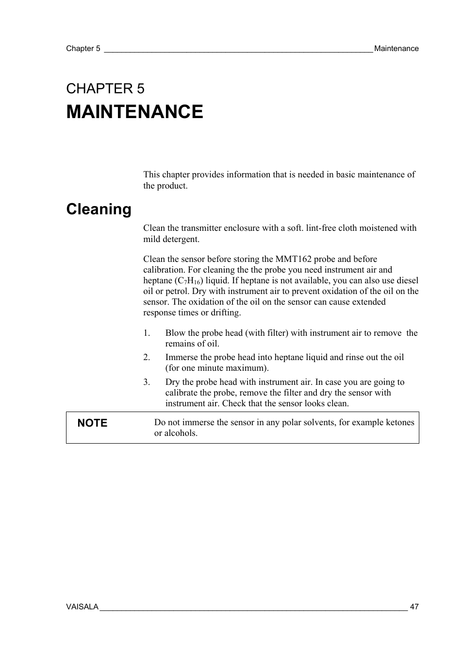 Maintenance, Cleaning, Chapter 5 | Provides information that is needed in basic, Maintenance of the product, Chapter 5, maintenance | Vaisala MMT162 User Manual | Page 49 / 66