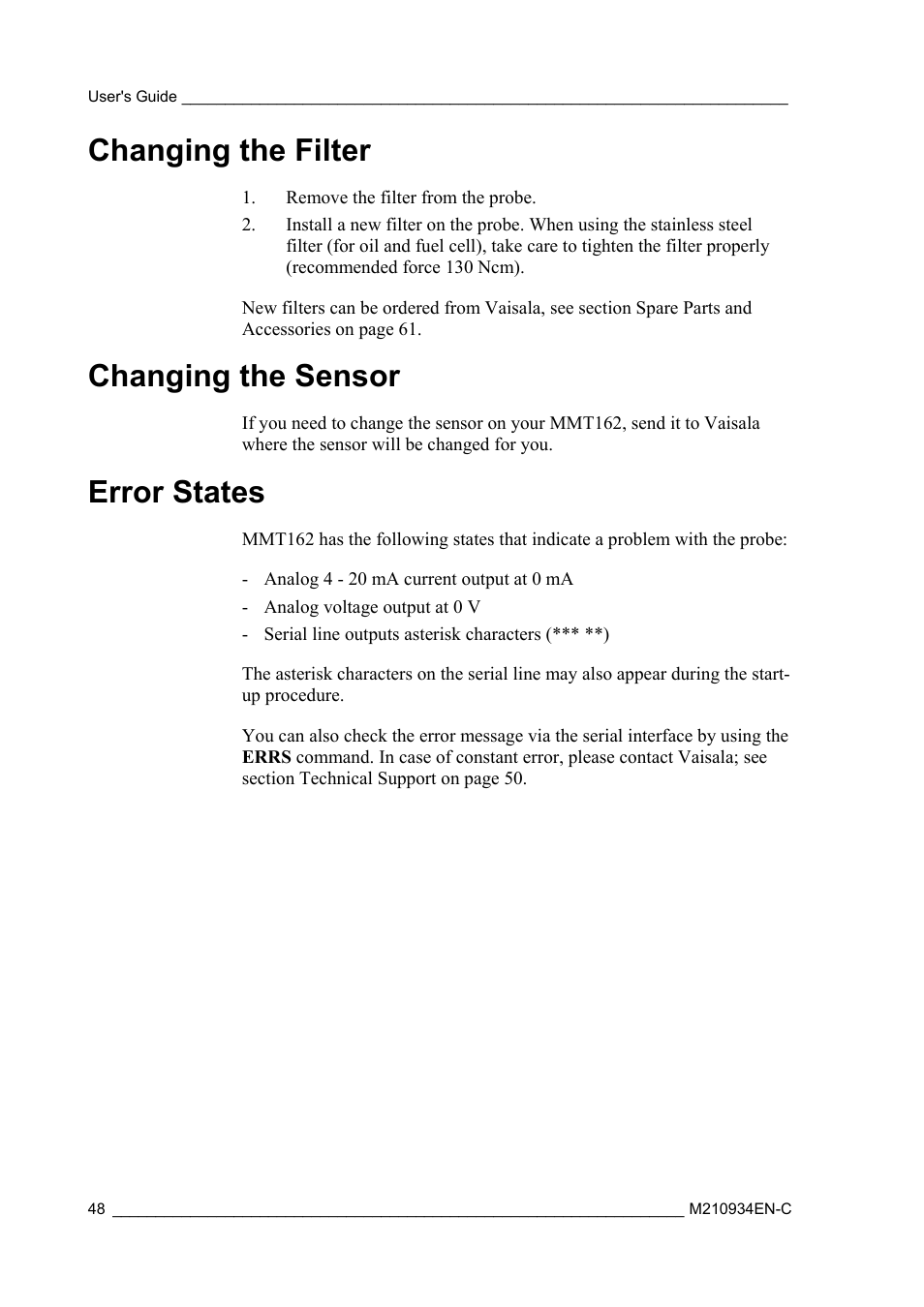 Changing the filter, Changing the sensor, Error states | Vaisala MMT162 User Manual | Page 50 / 66