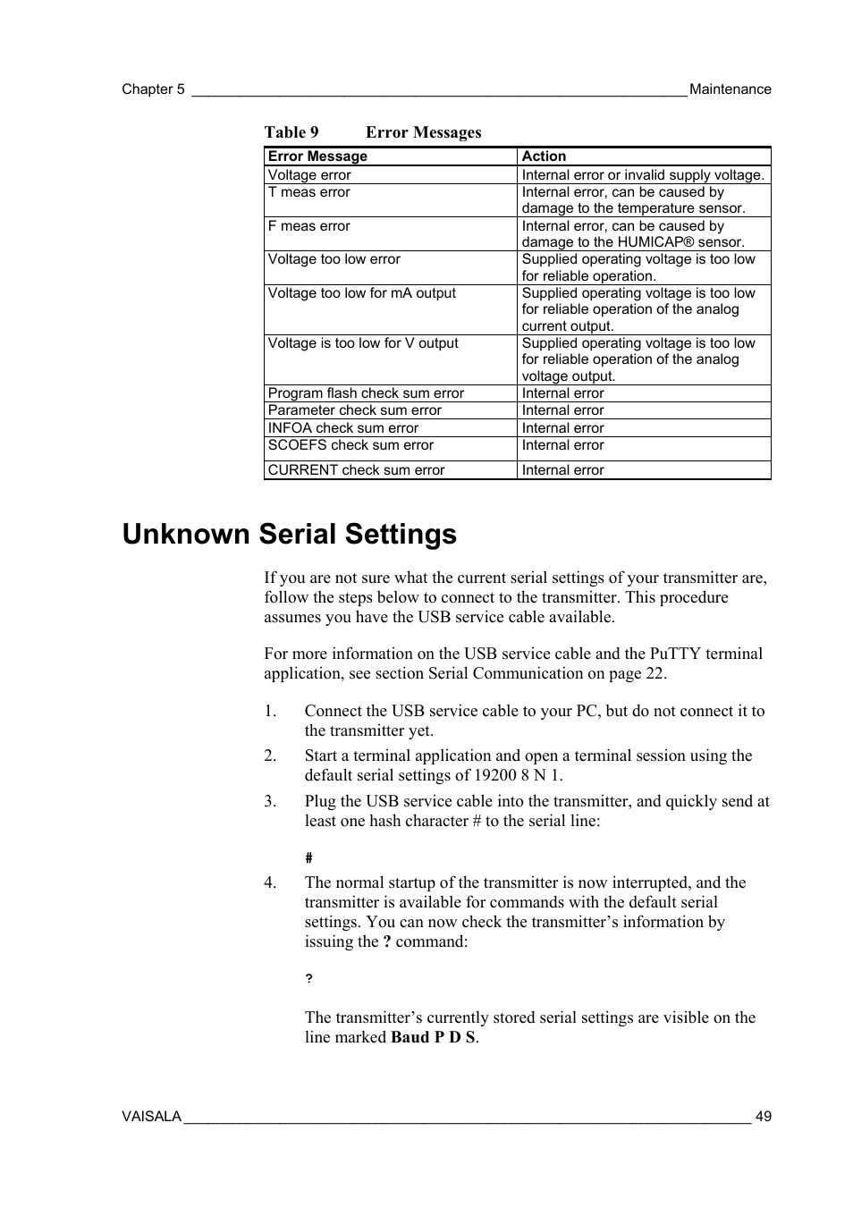 Unknown serial settings, Table 9, Error messages | On unknown serial | Vaisala MMT162 User Manual | Page 51 / 66