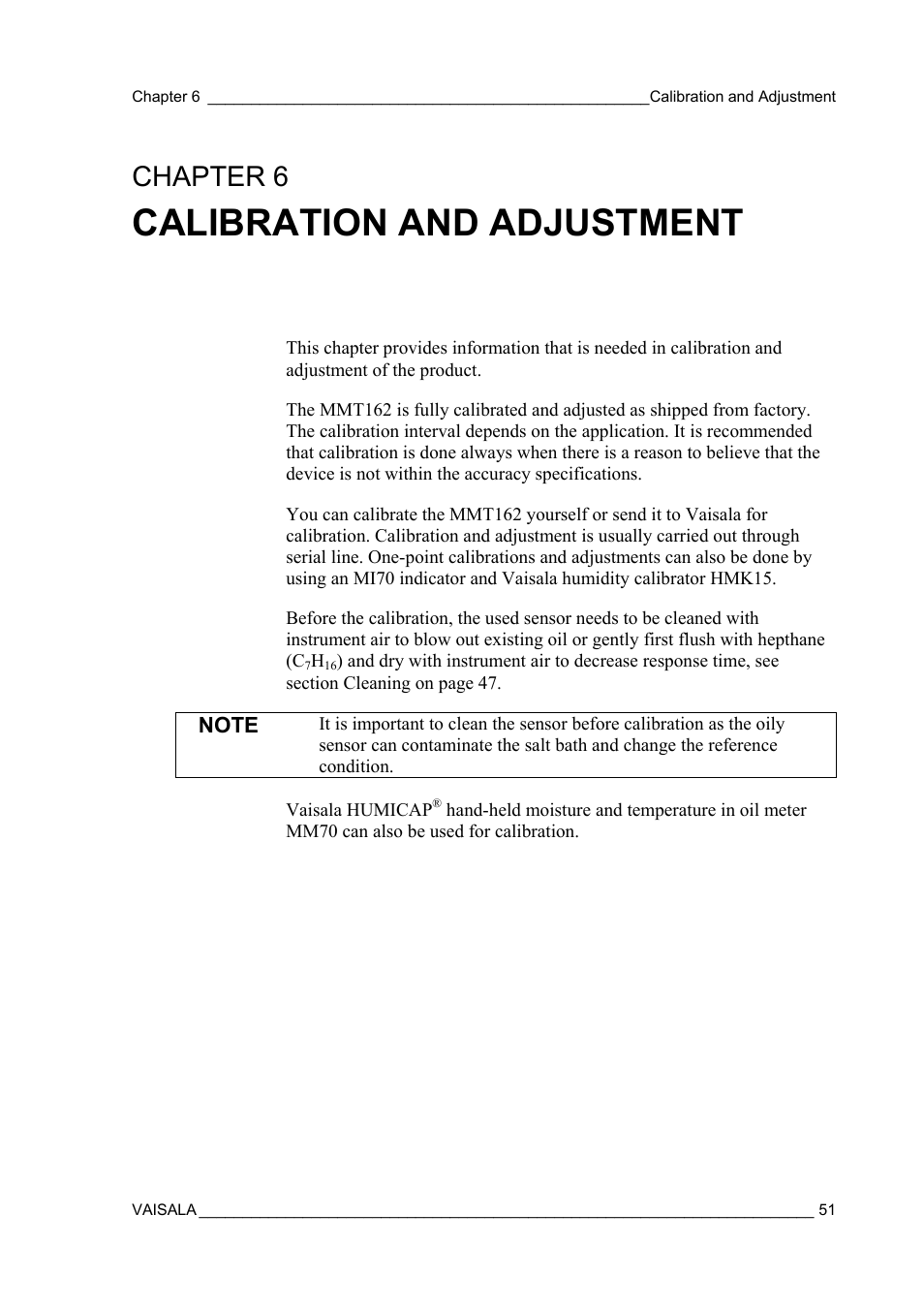 Calibration and adjustment, Chapter 6 | Vaisala MMT162 User Manual | Page 53 / 66