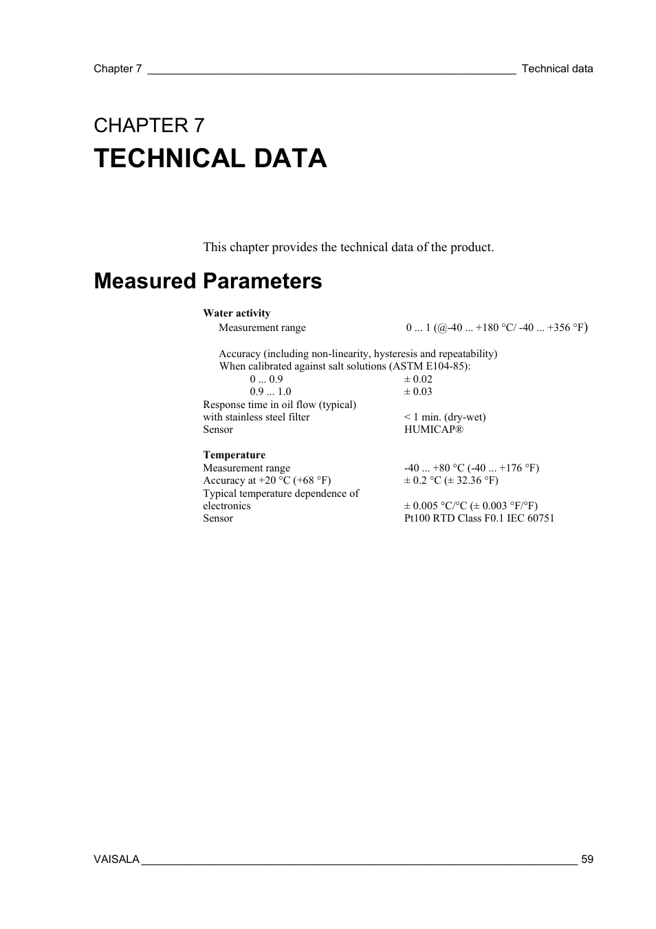 Technical data, Measured parameters, Chapter 7 | Vaisala MMT162 User Manual | Page 61 / 66