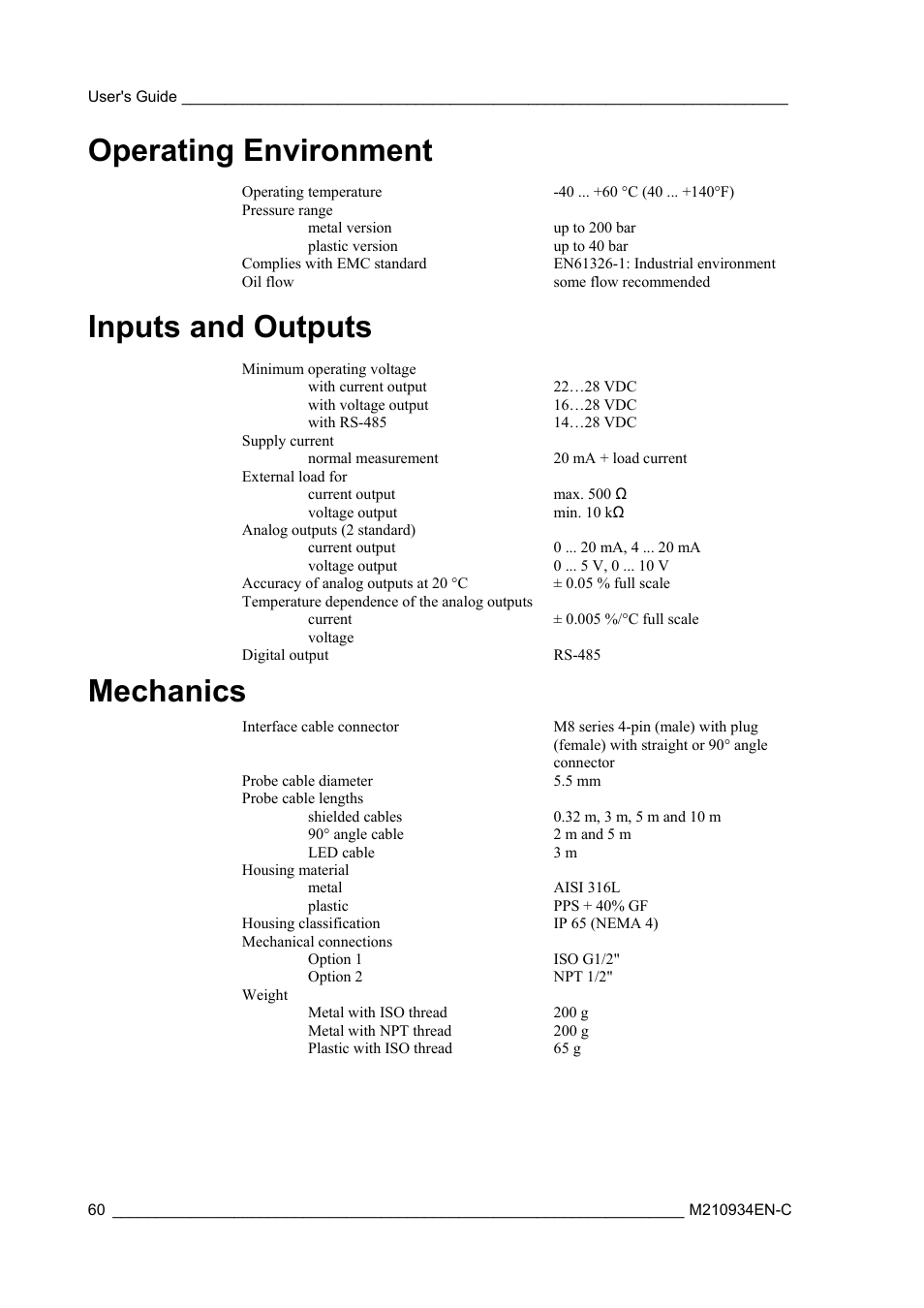 Operating environment, Inputs and outputs, Mechanics | Vaisala MMT162 User Manual | Page 62 / 66