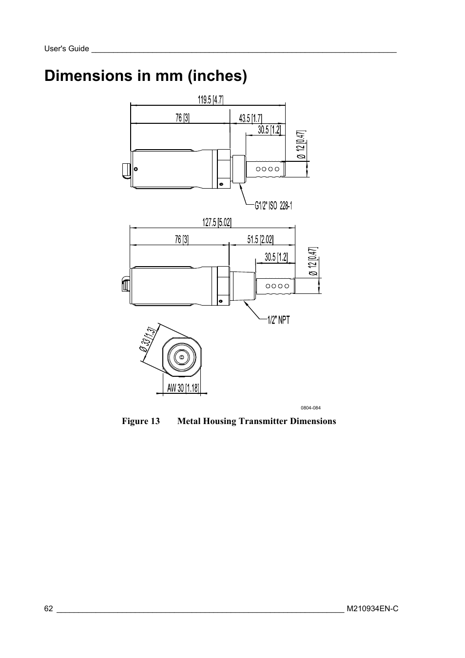 Dimensions in mm (inches), Figure 13, Metal housing transmitter dimensions | Vaisala MMT162 User Manual | Page 64 / 66