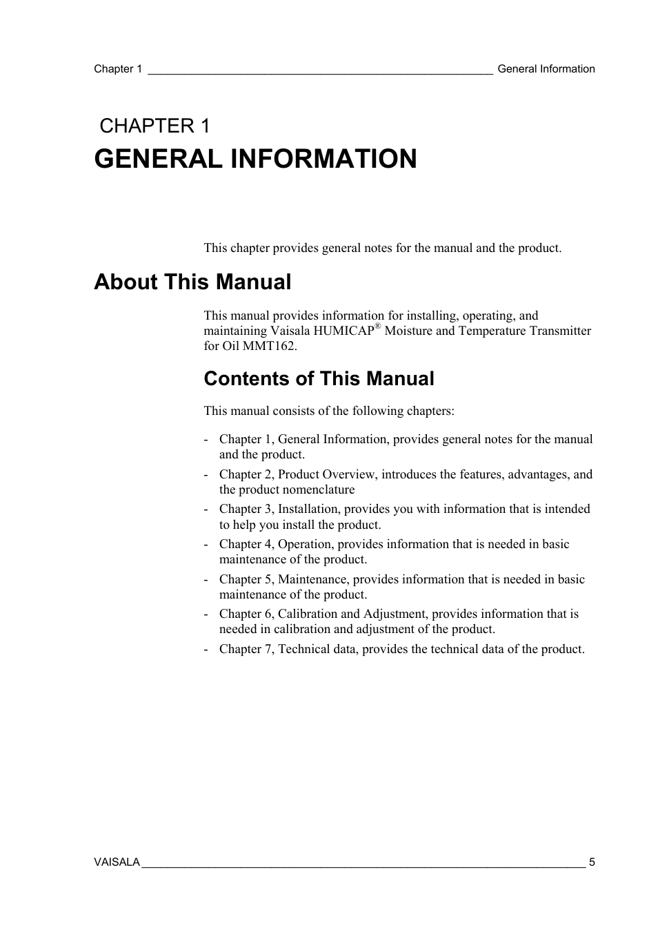 General information, About this manual, Contents of this manual | Chapter 1 | Vaisala MMT162 User Manual | Page 7 / 66