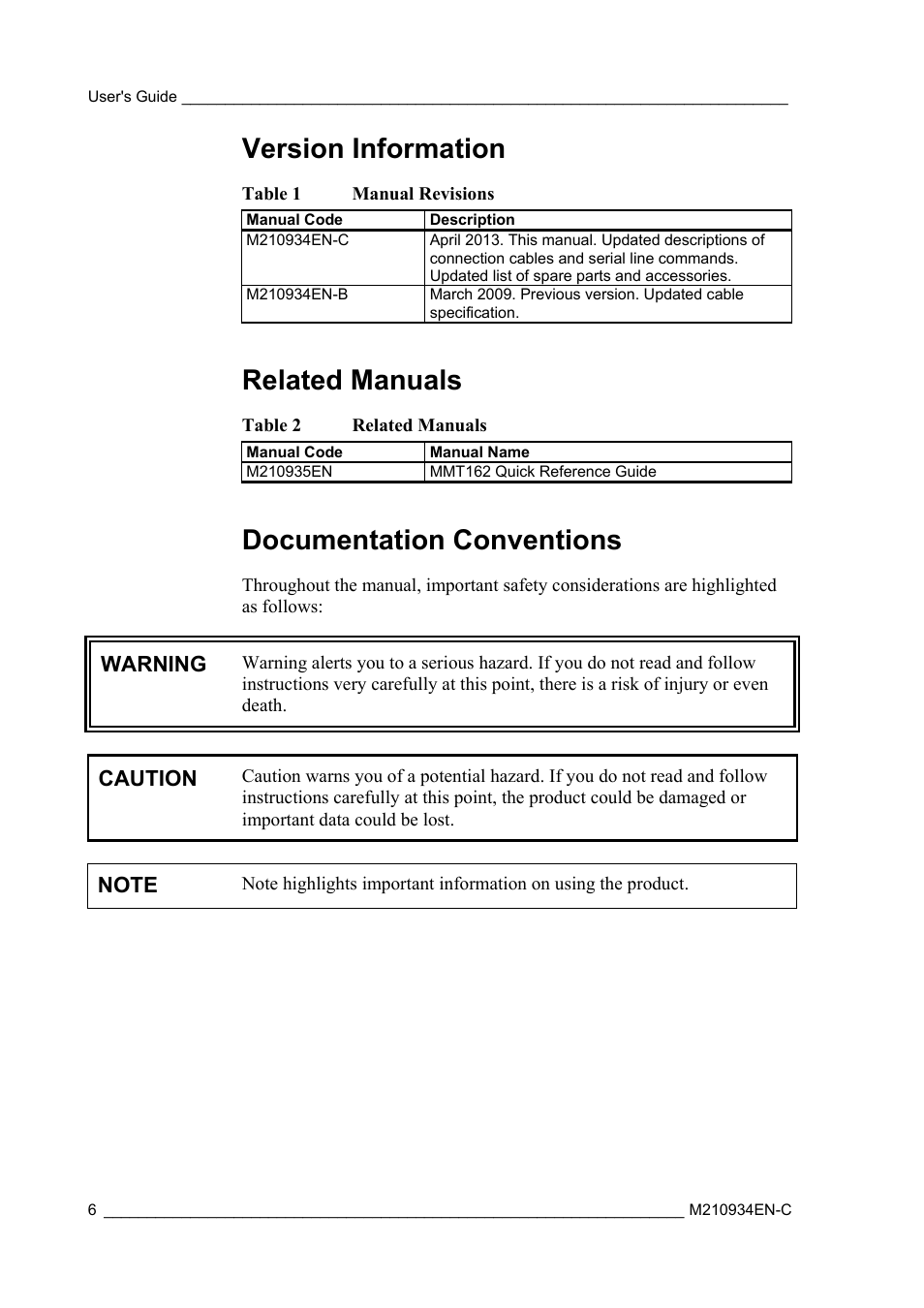 Version information, Related manuals, Documentation conventions | Table 1, Manual revisions, Table 2 | Vaisala MMT162 User Manual | Page 8 / 66