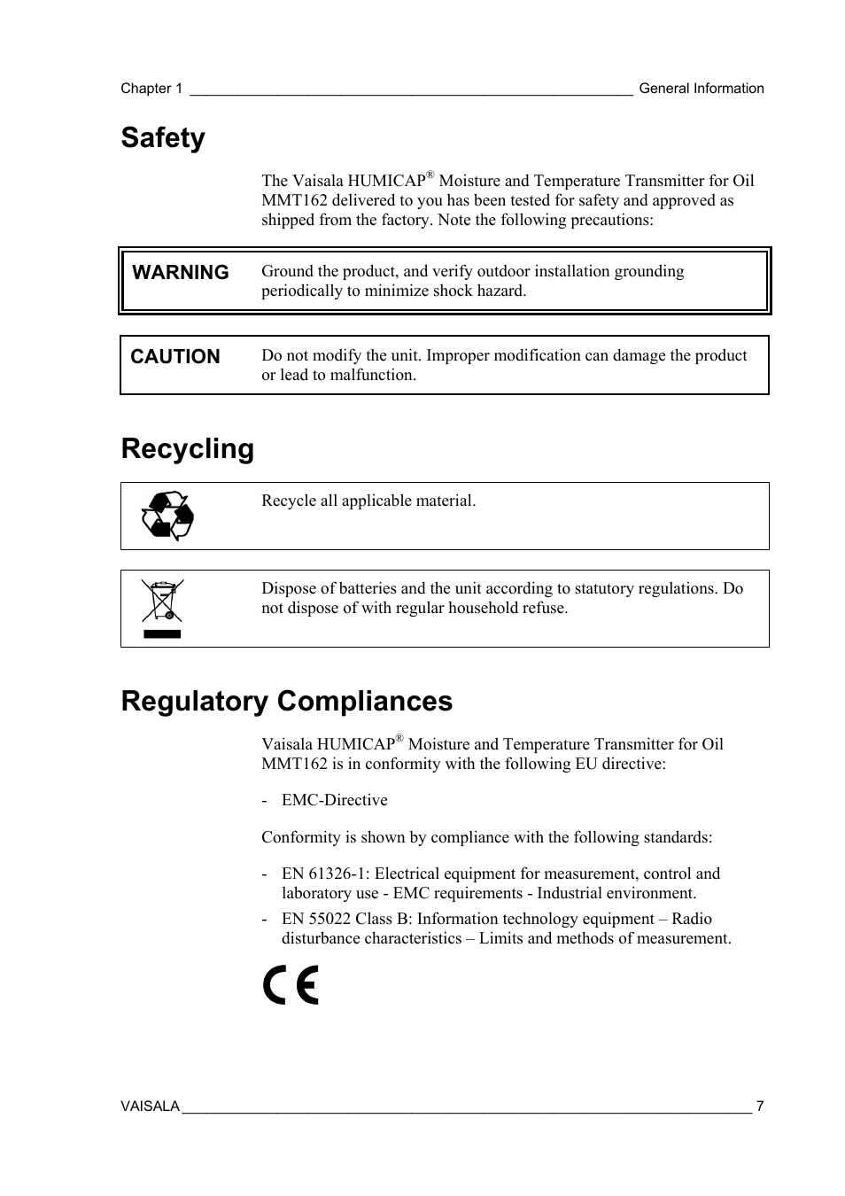 Safety, Recycling, Regulatory compliances | Vaisala MMT162 User Manual | Page 9 / 66