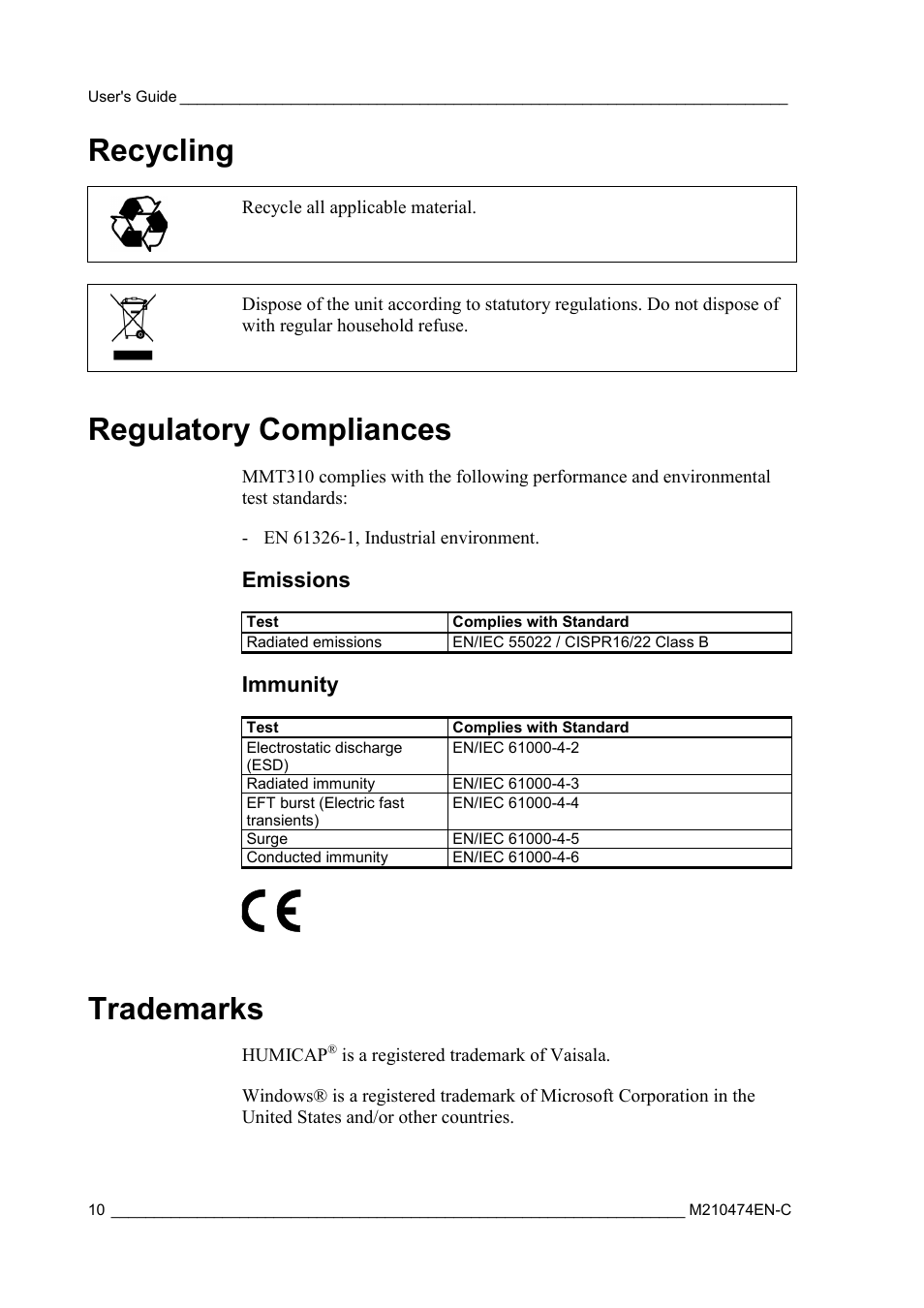 Recycling, Regulatory compliances, Emissions | Immunity, Trademarks | Vaisala MMT310 User Manual | Page 10 / 81