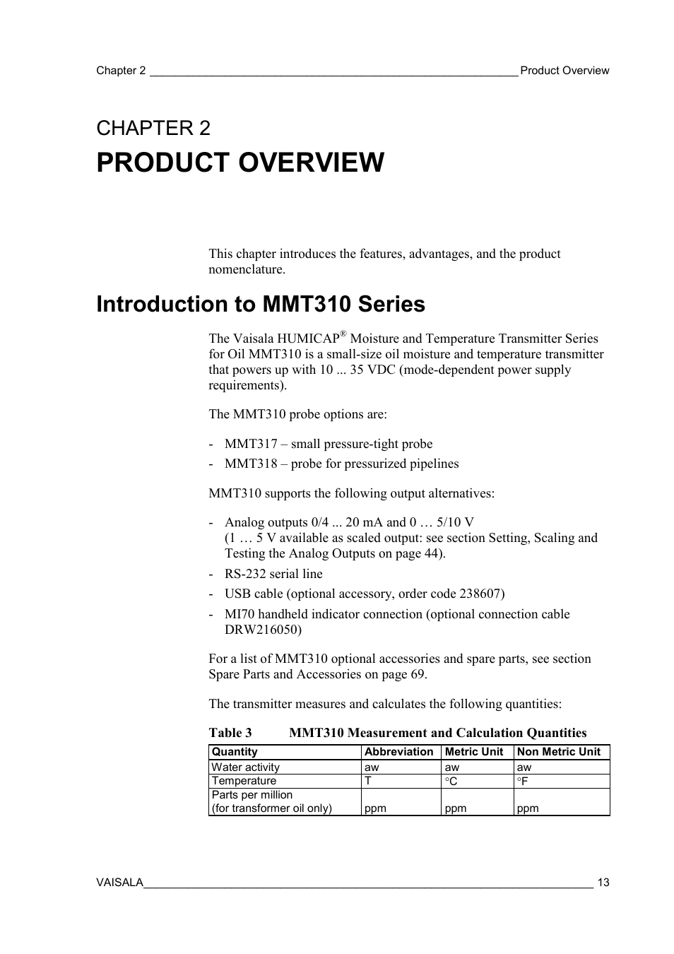 Product overview, Introduction to mmt310 series, Chapter 2 | Table 3, Mmt310 measurement and calculation quantities, Chapter 2, product overview | Vaisala MMT310 User Manual | Page 13 / 81