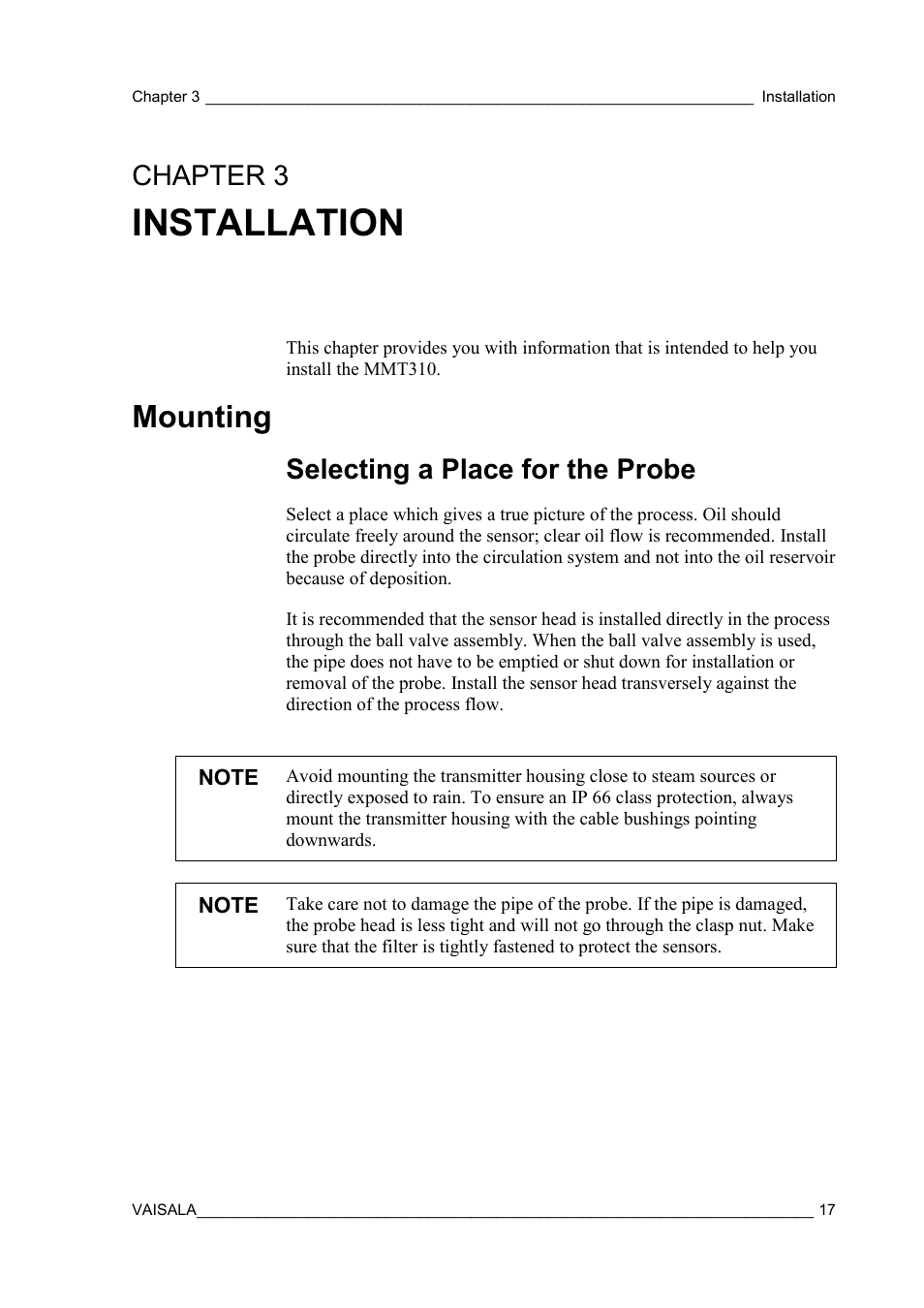 Installation, Mounting, Selecting a place for the probe | Chapter 3, Chapter 3, installation | Vaisala MMT310 User Manual | Page 17 / 81