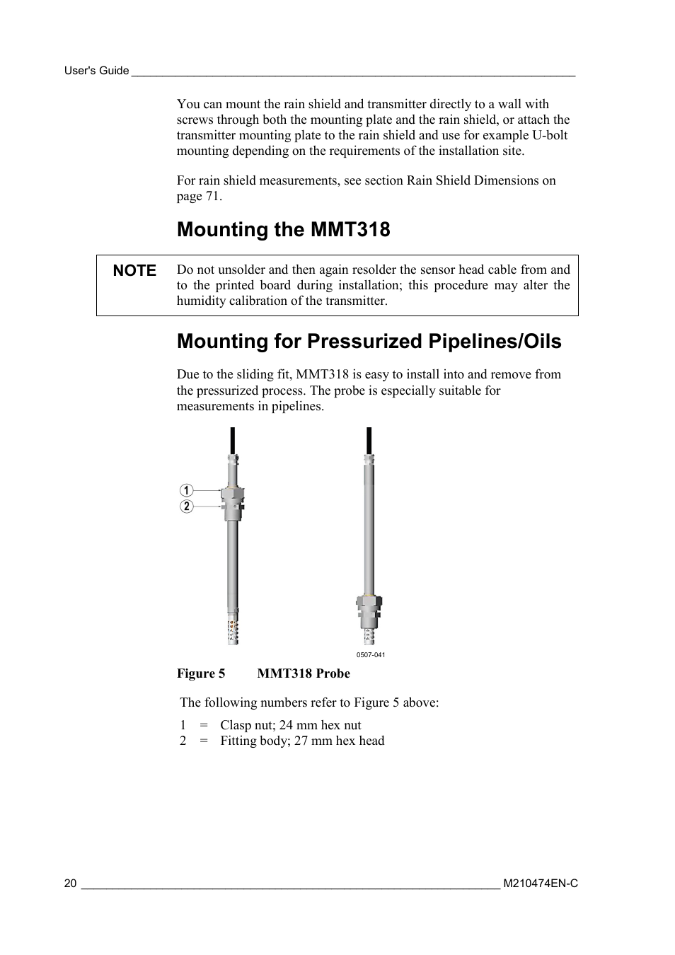 Mounting the mmt318, Mounting for pressurized pipelines/oils, Figure 5 | Mmt318 probe | Vaisala MMT310 User Manual | Page 20 / 81