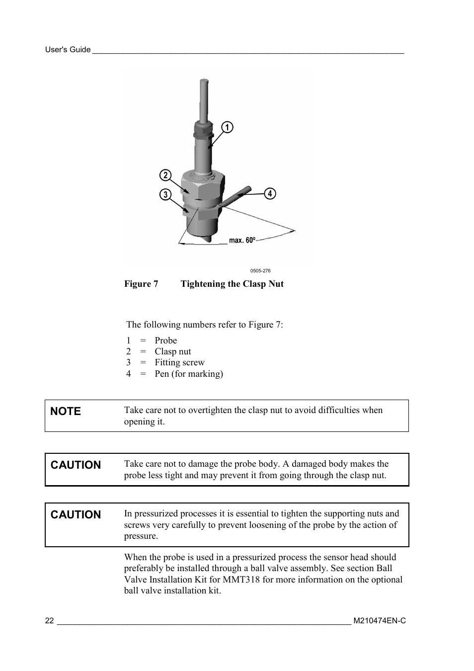 Figure 7, Tightening the clasp nut | Vaisala MMT310 User Manual | Page 22 / 81