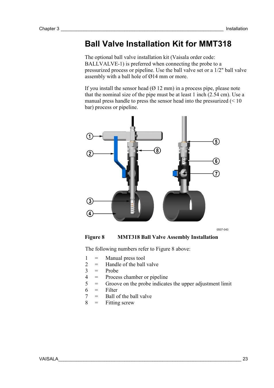 Ball valve installation kit for mmt318, Figure 8, Mmt318 ball valve assembly installation | Vaisala MMT310 User Manual | Page 23 / 81