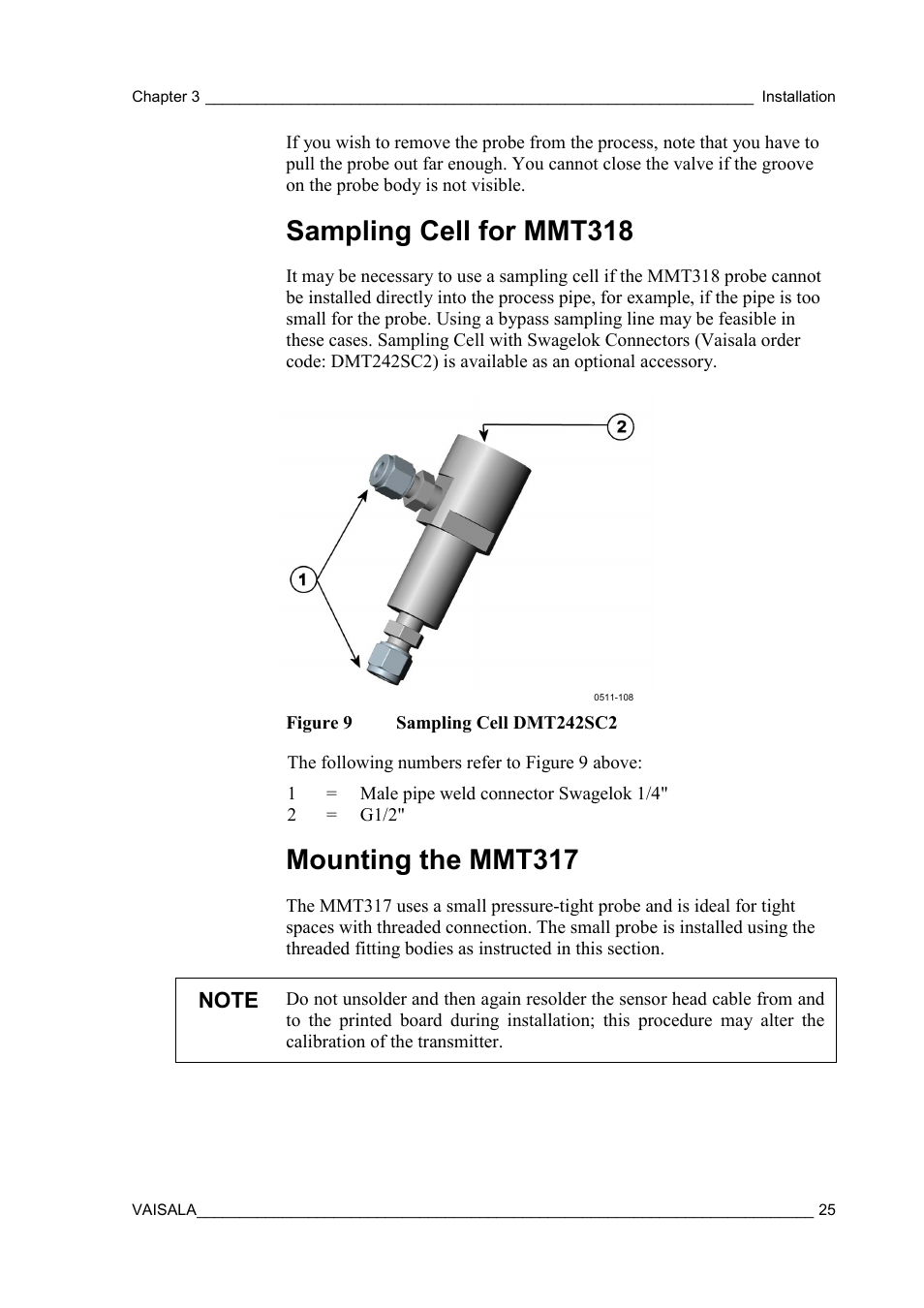 Sampling cell for mmt318, Mounting the mmt317, Figure 9 | Sampling cell dmt242sc2 | Vaisala MMT310 User Manual | Page 25 / 81