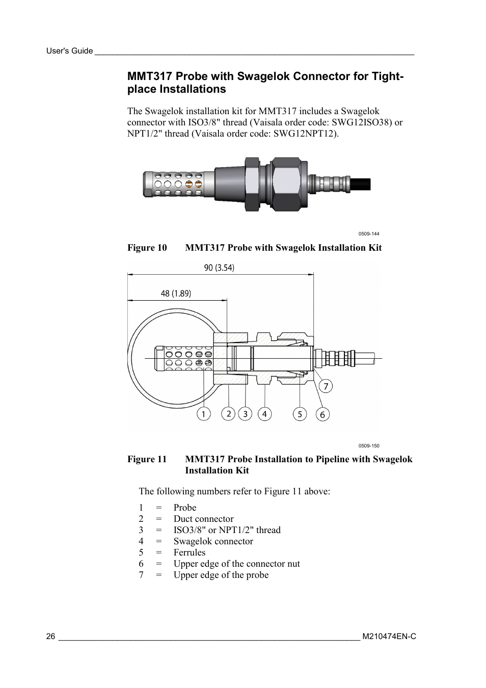 Mmt317 probe with swagelok connector, For tight-place installations, Figure 10 | Mmt317 probe with swagelok installation kit, Figure 11, Installation kit | Vaisala MMT310 User Manual | Page 26 / 81