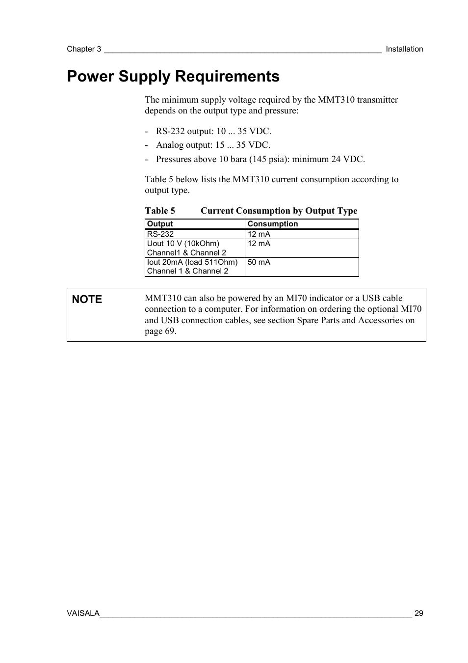Power supply requirements, Table 5, Current consumption by output type | Vaisala MMT310 User Manual | Page 29 / 81
