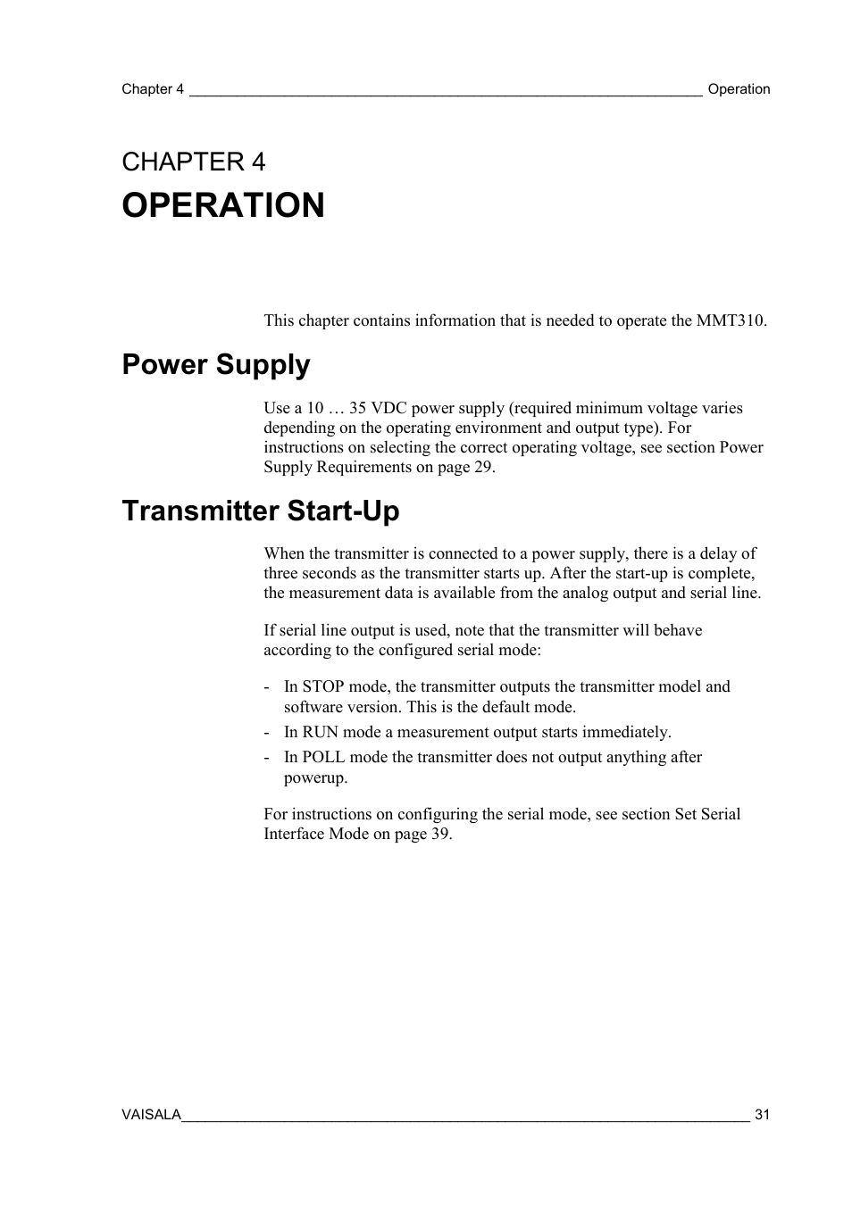 Operation, Power supply, Transmitter start-up | Chapter 4, Chapter 4, operation | Vaisala MMT310 User Manual | Page 31 / 81