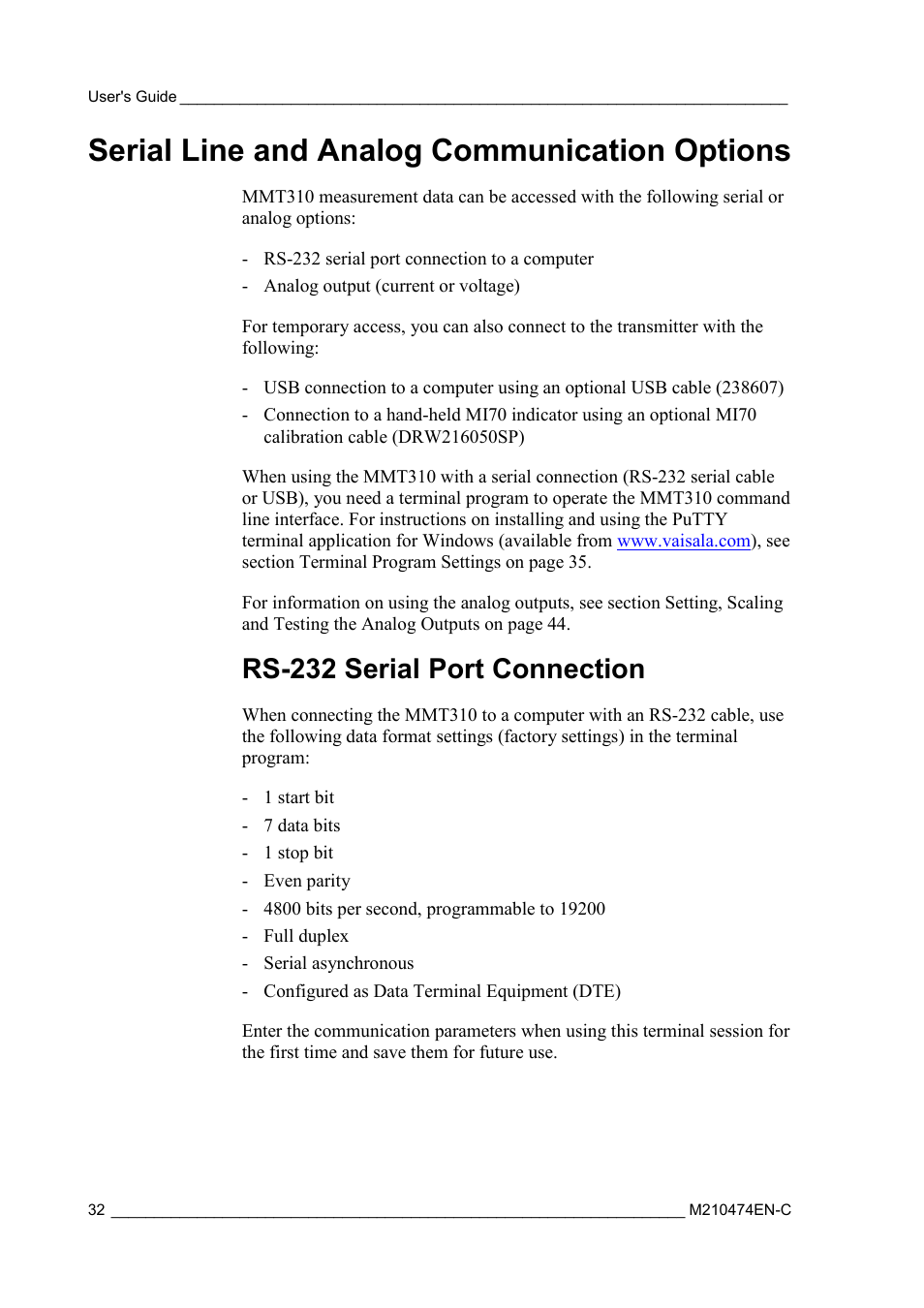 Serial line and analog communication options, Rs-232 serial port connection | Vaisala MMT310 User Manual | Page 32 / 81