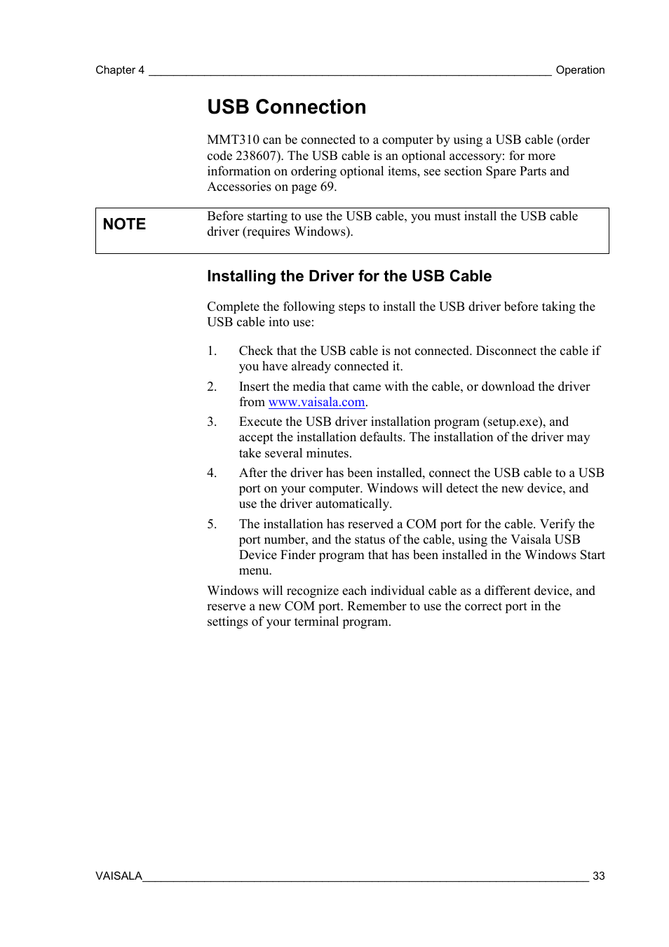 Usb connection, Installing the driver for the usb cable | Vaisala MMT310 User Manual | Page 33 / 81