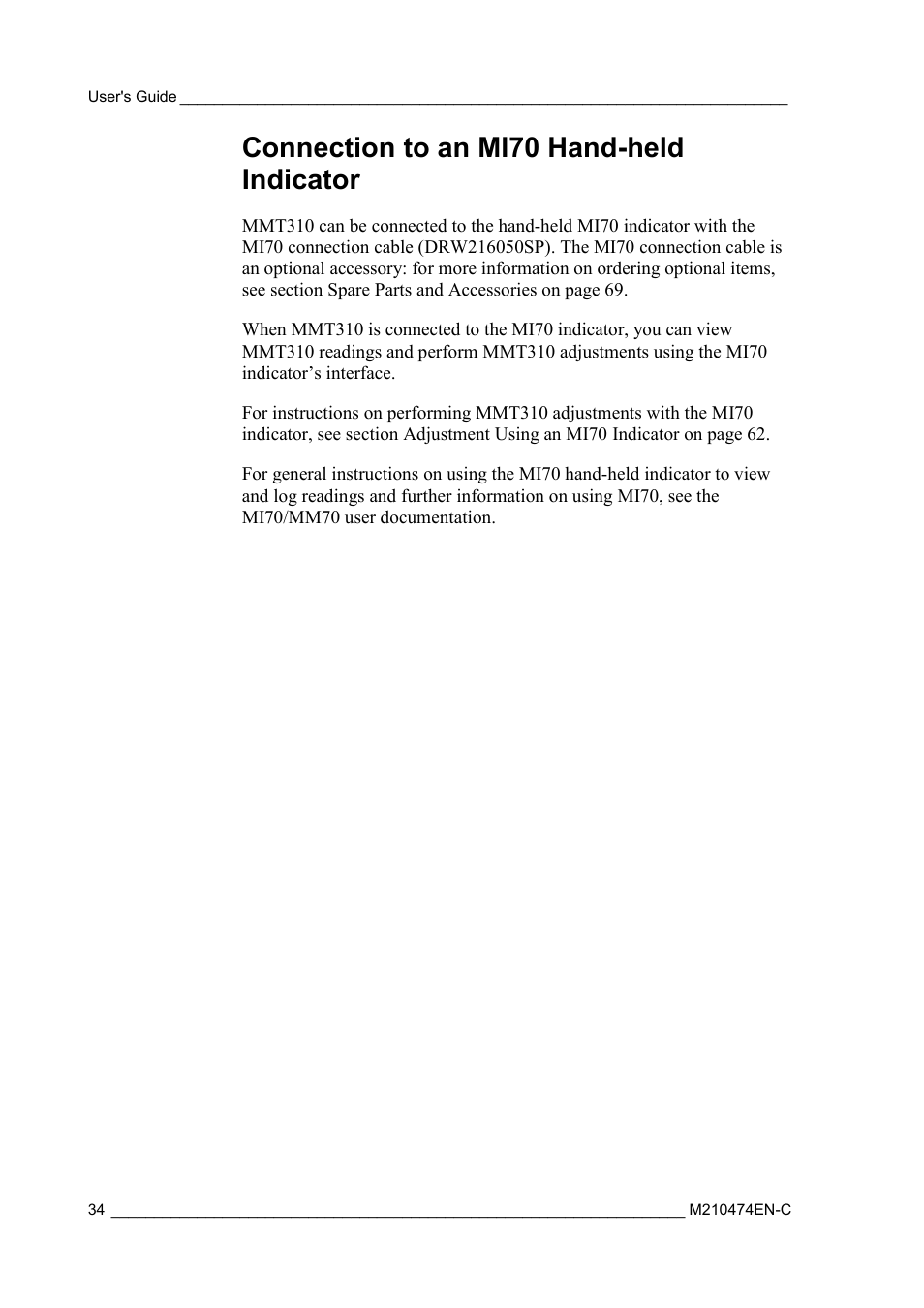 Connection to an mi70 hand-held indicator | Vaisala MMT310 User Manual | Page 34 / 81