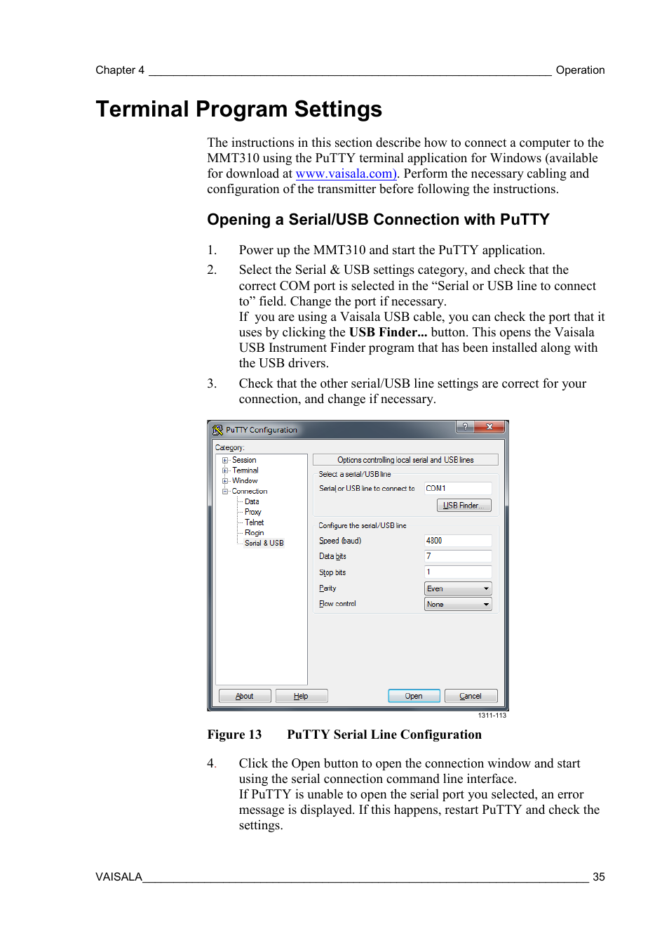 Terminal program settings, Opening a serial/usb connection with putty, Figure 13 | Putty serial line configuration | Vaisala MMT310 User Manual | Page 35 / 81