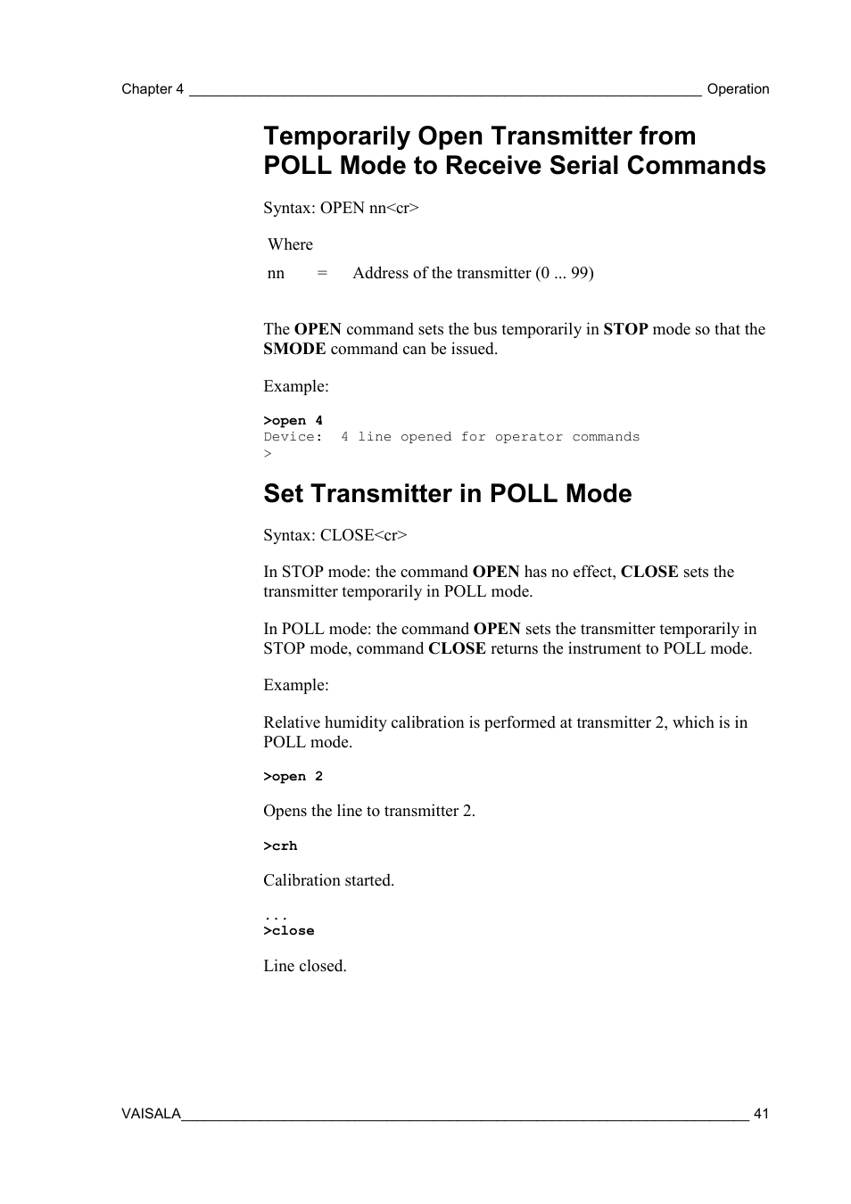 Set transmitter in poll mode, Temporarily open transmitter from poll mode, To receive serial commands | Vaisala MMT310 User Manual | Page 41 / 81