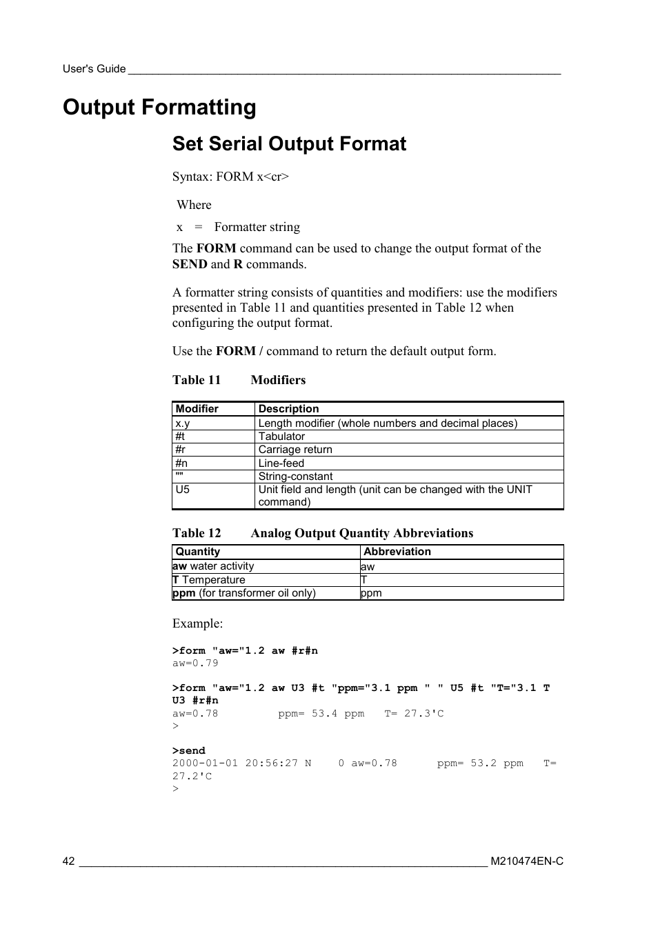 Output formatting, Set serial output format, Table 11 | Modifiers, Table 12, Analog output quantity abbreviations | Vaisala MMT310 User Manual | Page 42 / 81